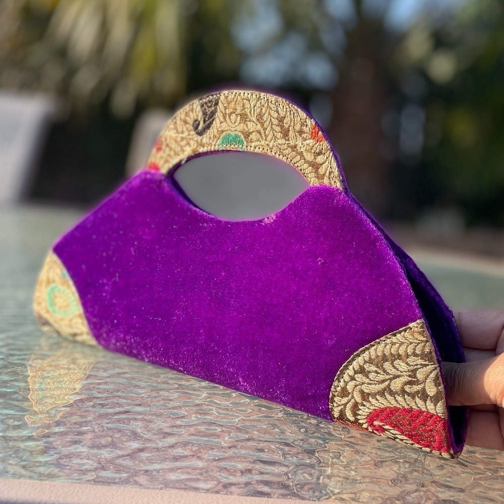 Purple Velvet Clutch with Embellished Brooch - Picture 2 of 12